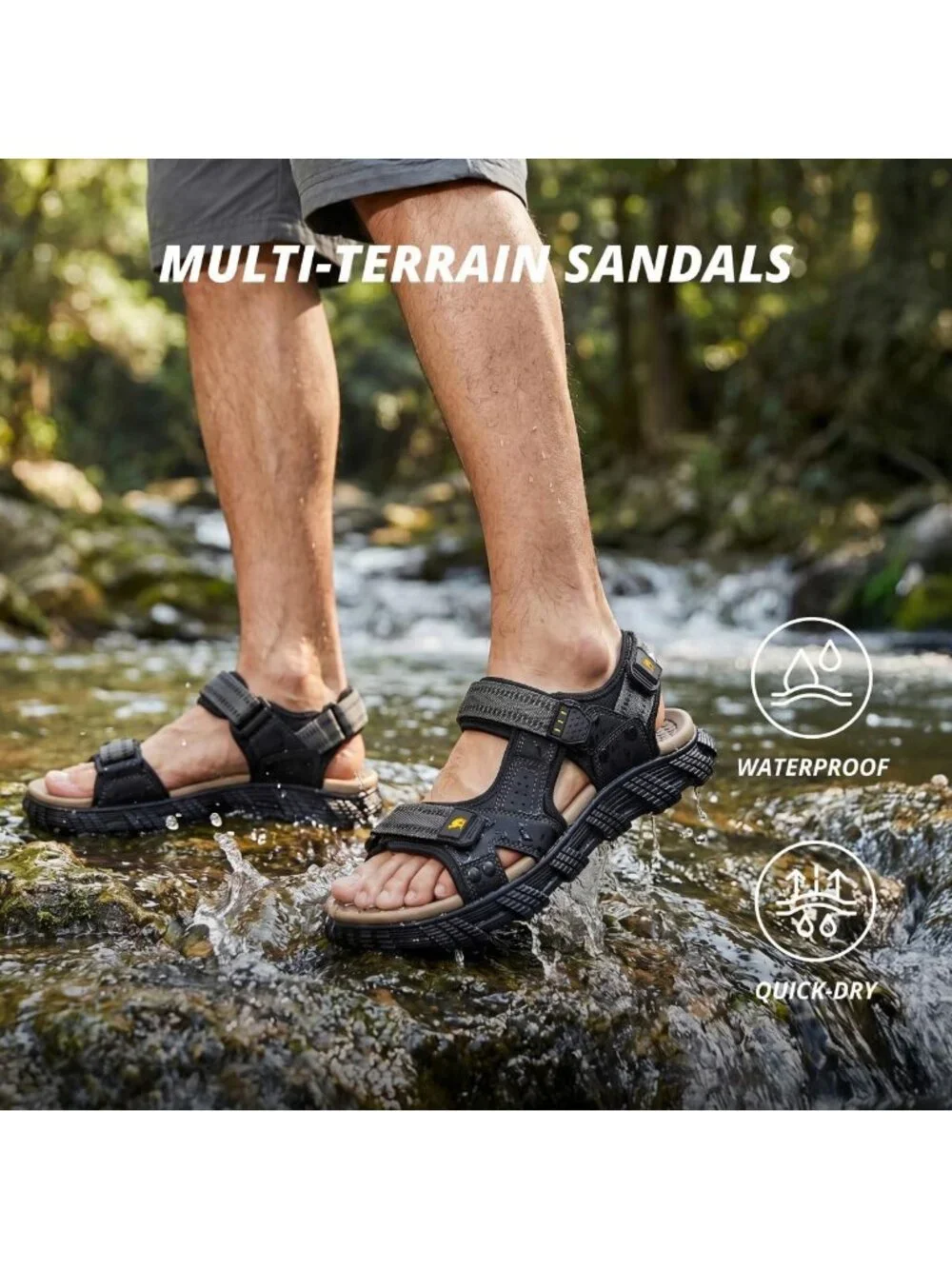 Men's Black And Grey Comfort Leather Athletic Arch Support Hiking Sandal Shoes